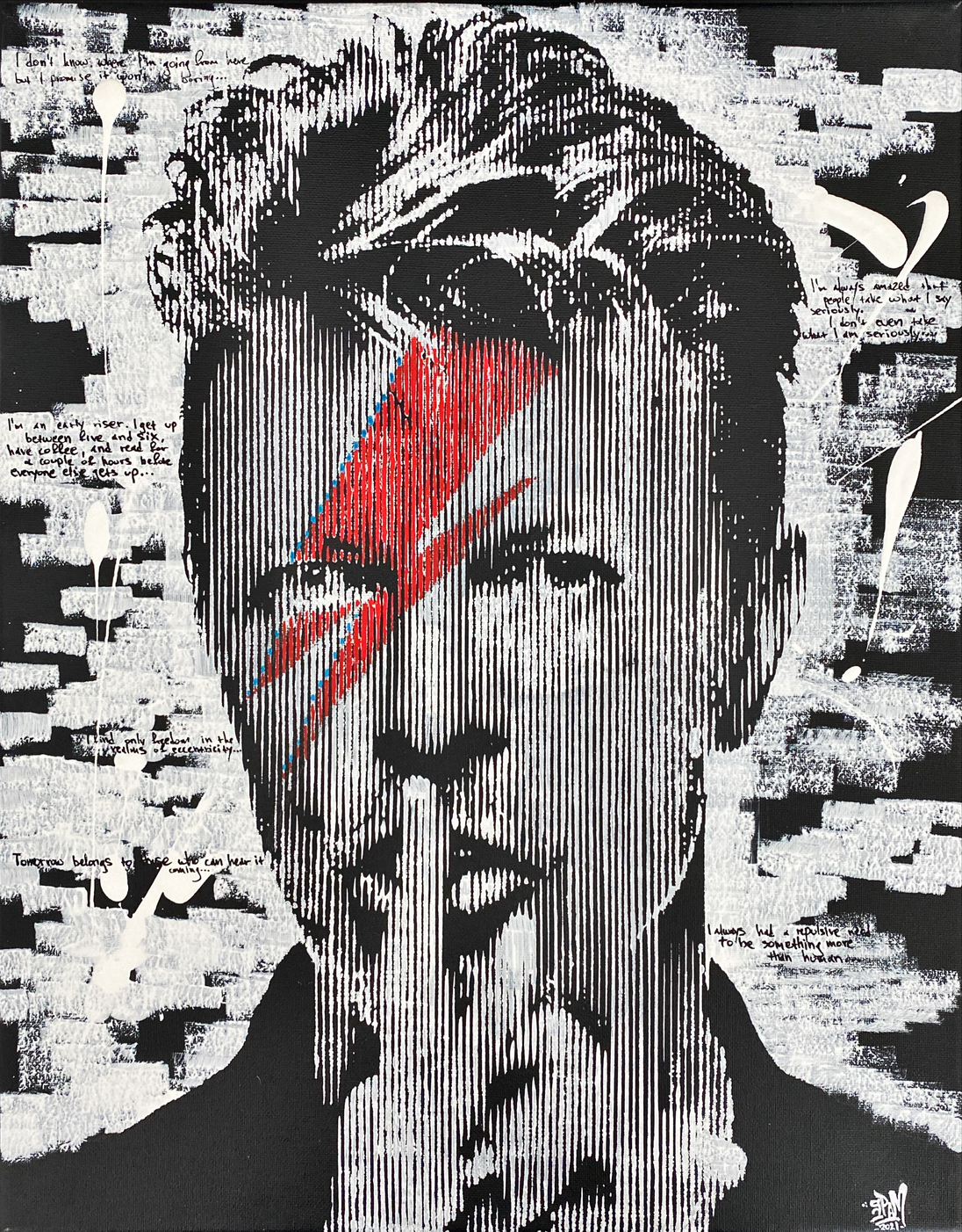 A study of asymmetry and identity through a music icon. Where distinction becomes presence, and the artist’s words meet the subject’s gaze. Chaos, structured.