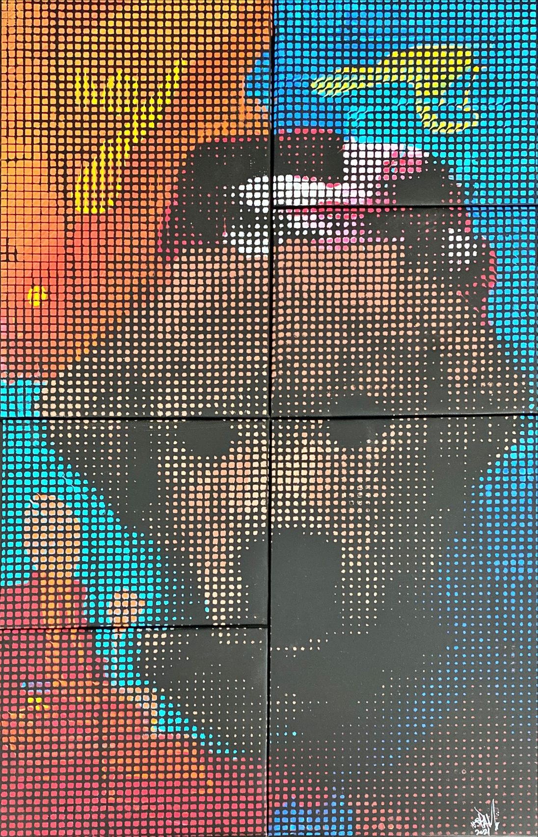 A six-panel polyptych capturing the "big-attitude" of a royal half-Chow. A tribute to loyalty and independence, where digital structure meets vibrant chaos.
